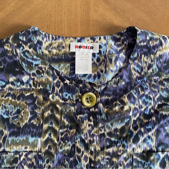 Vintage Rodier Silk Cropped Blouse Top Ikat Print Blue  Olive Size Small 38 - Picture 3 of 9